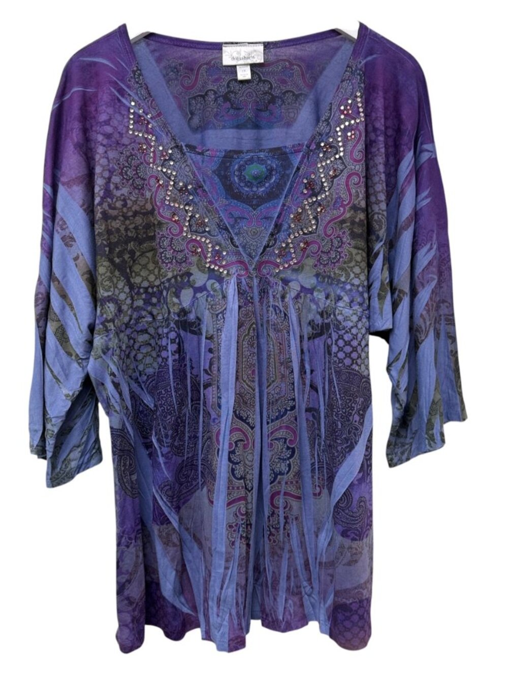 Dressbarn Womens Top Plus Size 1X Purple Paisley Boho Tunic Tee Artsy Casual